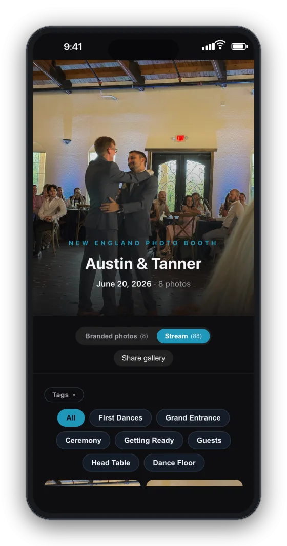 The live photo gallery on a phone — booth photos and guest photos together, with moment tags