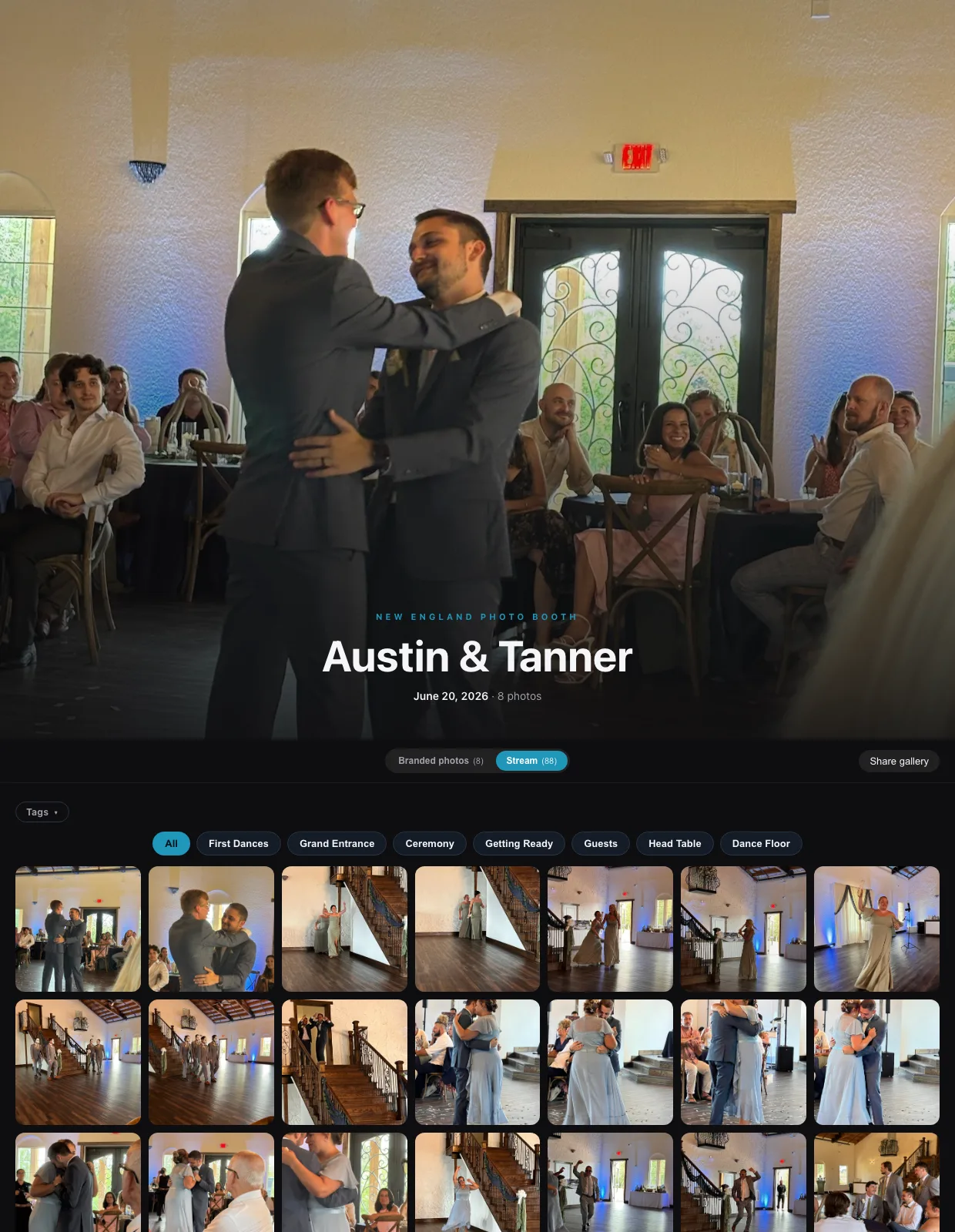 A real GuestView live photo gallery on desktop — booth photos and guest photos in one grid, with moment tags